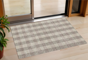 3' X 5' Beige And Brown Plaid Washable Indoor Outdoor Area Rug