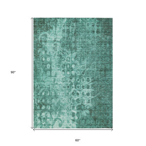 5' X 8' Teal Blue Ikat Washable Indoor Outdoor Area Rug