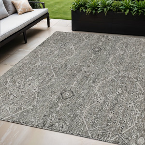 5' X 8' Pewter Floral Washable Indoor Outdoor Area Rug