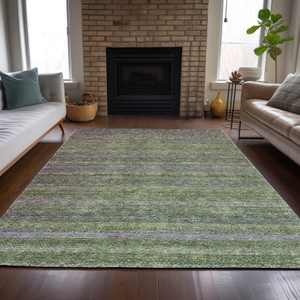 3' X 5' Olive Green And Purple Striped Washable Indoor Outdoor Area Rug