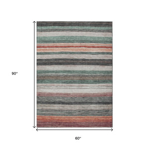 5' X 8' Pale Aqua Copper And Taupe Striped Washable Indoor Outdoor Area Rug