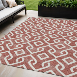 5' X 8' Burgundy And Ivory Geometric Washable Indoor Outdoor Area Rug