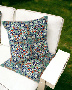 Set of Two 16" X 16" Green and White Blown Seam Floral Indoor Outdoor Throw Pillow Polyester Home Accent