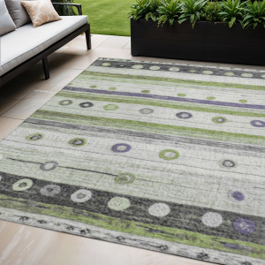 5' X 8' Artichoke Green Purple And Ivory Striped Washable Indoor Outdoor Area Rug