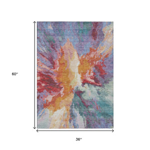 3' X 5' Orange Red And Teal Blue Abstract Washable Indoor Outdoor Area Rug