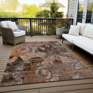 5' X 8' Brown Terracotta and Gray Floral Washable Non Skid Indoor Outdoor Area Rug - Brown, Gray