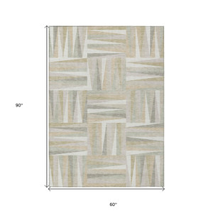 5' X 8' Ivory Beige And Gray Geometric Washable Indoor Outdoor Area Rug