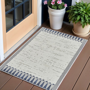 3' X 5' Blue and Cream Abstract Distressed Indoor Outdoor Area Rug