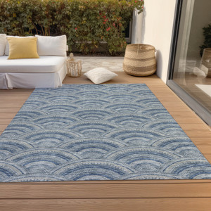 3' X 5' Denim Blue Navy Blue And Ivory Geometric Washable Indoor Outdoor Area Rug