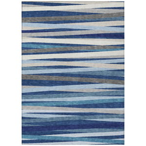 3' X 5' Navy Blue Ivory And Gray Striped Washable Indoor Outdoor Area Rug
