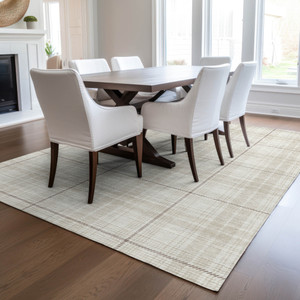 3' X 5' Ivory Beige And Brown Plaid Washable Indoor Outdoor Area Rug
