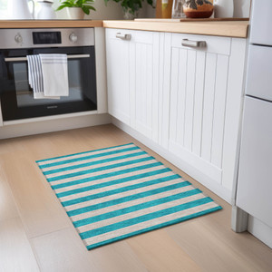 2' X 3' Turquoise Striped Washable Non Skid Indoor Outdoor Area Rug - Turquoise