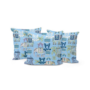 Set of Three 16" X 16" Blue and White Elephant Abstract Indoor Outdoor Throw Pillow - 606114849117