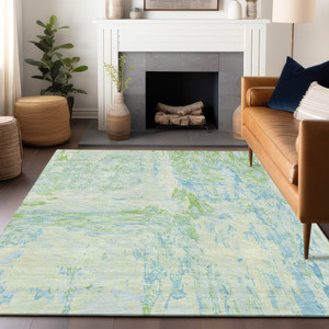 3' X 5' Mint Green And Blue Abstract Washable Indoor Outdoor Area Rug