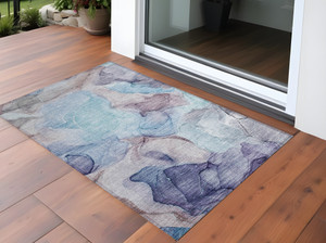 3' X 5' Blue Abstract Washable Non Skid Indoor Outdoor Area Rug - 608219147907