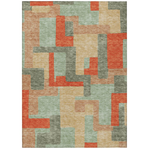 5' X 8' Sage Gray And Orange Geometric Washable Indoor Outdoor Area Rug