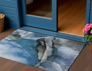 3' X 5' Blue And Gray Abstract Washable Indoor Outdoor Area Rug - 880016499872