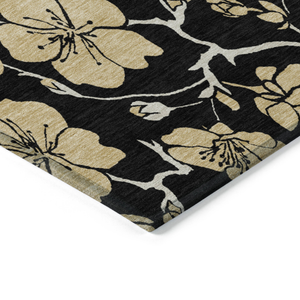 3' X 5' Black And Gold Floral Washable Indoor Outdoor Area Rug