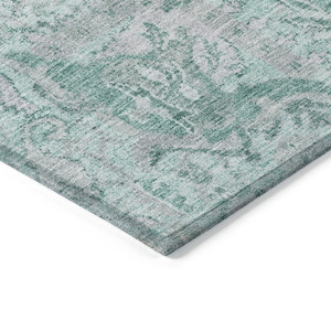 5' X 8' Teal Blue And Gray Damask Washable Indoor Outdoor Area Rug