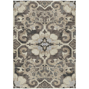 3' X 5' Chocolate And Taupe Damask Washable Indoor Outdoor Area Rug