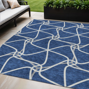 5' X 8' Blue And Ivory Geometric Washable Indoor Outdoor Area Rug - 880016845723