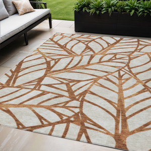 5' X 8' Orange Beige And Copper Floral Washable Indoor Outdoor Area Rug