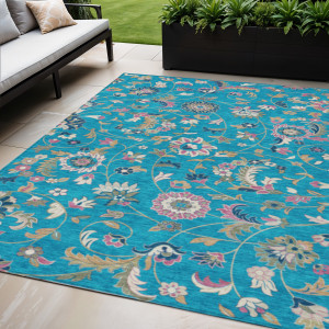5' X 8' Teal Blue Ivory And Pink Floral Washable Indoor Outdoor Area Rug - 608219204778