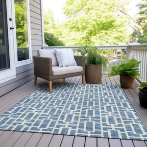 3' X 5' Denim Blue And Ivory Geometric Washable Indoor Outdoor Area Rug - Denim Blue, Ivory