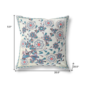 20" x 20" Off White Peacock Blown Seam Floral Indoor Outdoor Throw Pillow - 606114752837