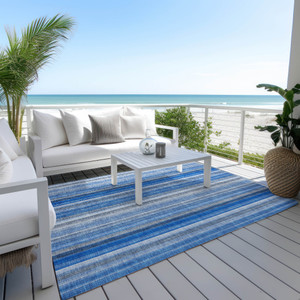 3' X 5' Blue Striped Washable Non Skid Indoor Outdoor Area Rug - 608219174477