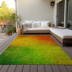 5' X 8' Terra Cotta Gold And Green Ombre Washable Indoor Outdoor Area Rug