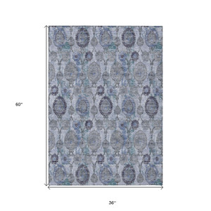 3' X 5' Navy Blue And Sky Blue Damask Washable Indoor Outdoor Area Rug
