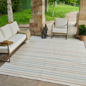 5' X 7' Cream and Beige Striped Distressed Indoor Outdoor Area Rug