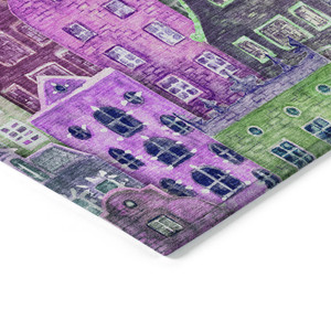 5' X 8' Purple Lilac And Green Village Houses Washable Indoor Outdoor Area Rug