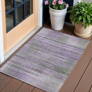 3' X 5' Purple Lavender And Gray Striped Washable Indoor Outdoor Area Rug
