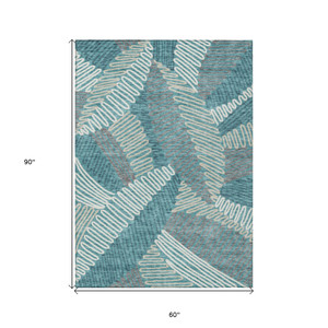 5' X 8' Teal Blue Gray And Ivory Floral Washable Indoor Outdoor Area Rug