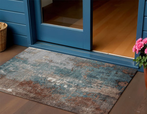 3' X 5' Rust And Teal Blue Abstract Washable Indoor Outdoor Area Rug