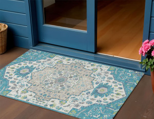 3' X 5' Teal Blue Green And Ivory Oriental Washable Indoor Outdoor Area Rug