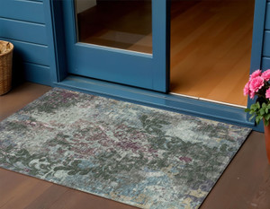 3' X 5' Fern Green And Purple Damask Washable Indoor Outdoor Area Rug