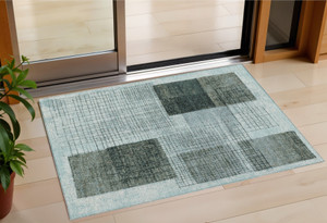 3' X 5' Teal Blue And Gray Geometric Washable Indoor Outdoor Area Rug - Teal Blue, Gray