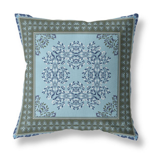 26" X 26" Blue And Green Blown Seam Floral Indoor Outdoor Throw Pillow