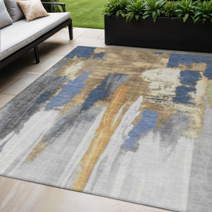 5' X 8' Navy Blue And Gold Abstract Washable Indoor Outdoor Area Rug
