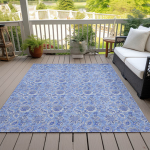 5' X 8' Navy Blue And Denim Blue Floral Washable Indoor Outdoor Area Rug - Navy Blue, Denim Blue
