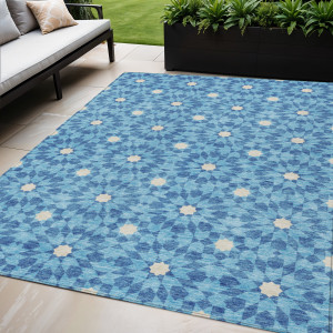 5' X 8' Denim Blue And Ivory Floral Medallion Washable Indoor Outdoor Area Rug - 608219060763