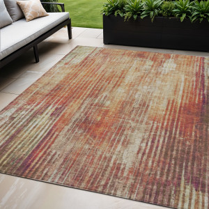 5' X 8' Orange Beige And Taupe Striped Washable Indoor Outdoor Area Rug