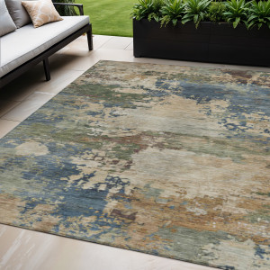 5' X 8' Blue Green And Beige Abstract Washable Indoor Outdoor Area Rug