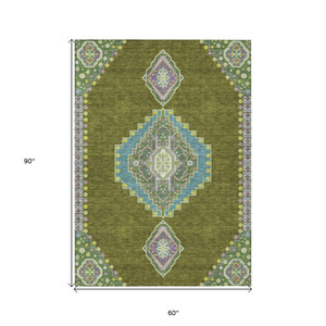 5' X 8' Olive Green Pink And Ivory Oriental Washable Indoor Outdoor Area Rug