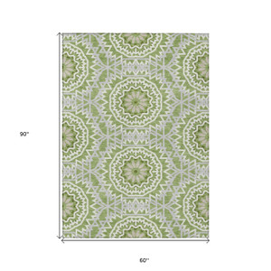 5' X 8' Olive Green And Ivory Floral Medallion Washable Indoor Outdoor Area Rug