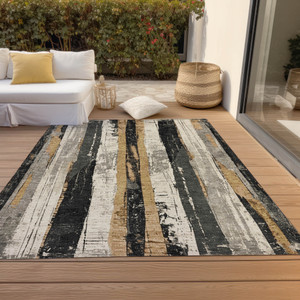 5' X 8' Taupe And Gold Striped Washable Indoor Outdoor Area Rug