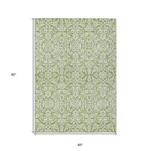 5' X 8' Green And Ivory Damask Washable Indoor Outdoor Area Rug